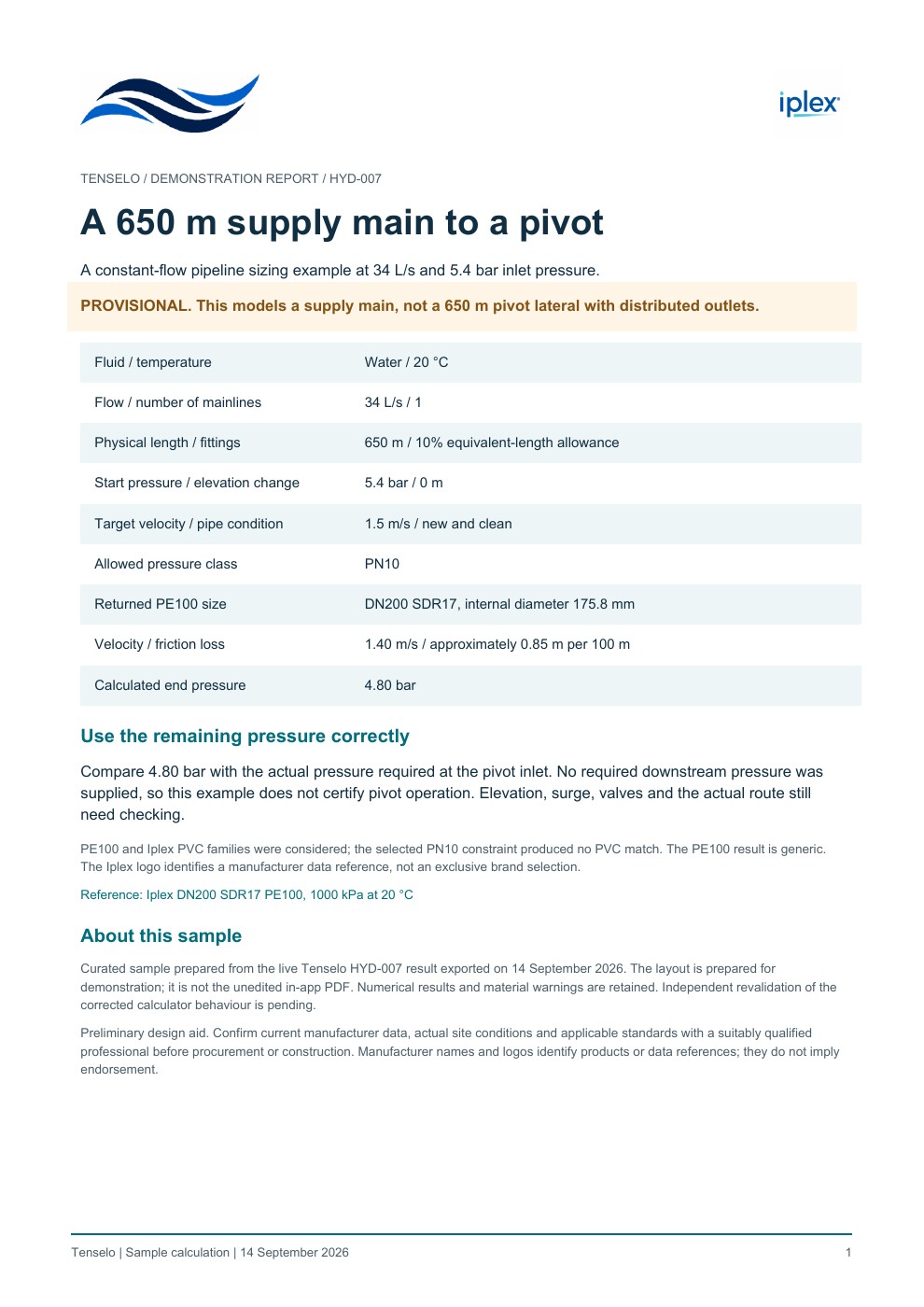 Tenselo HYD-007 supply-main sample report with inputs, pipe size, velocity and calculated end pressure
