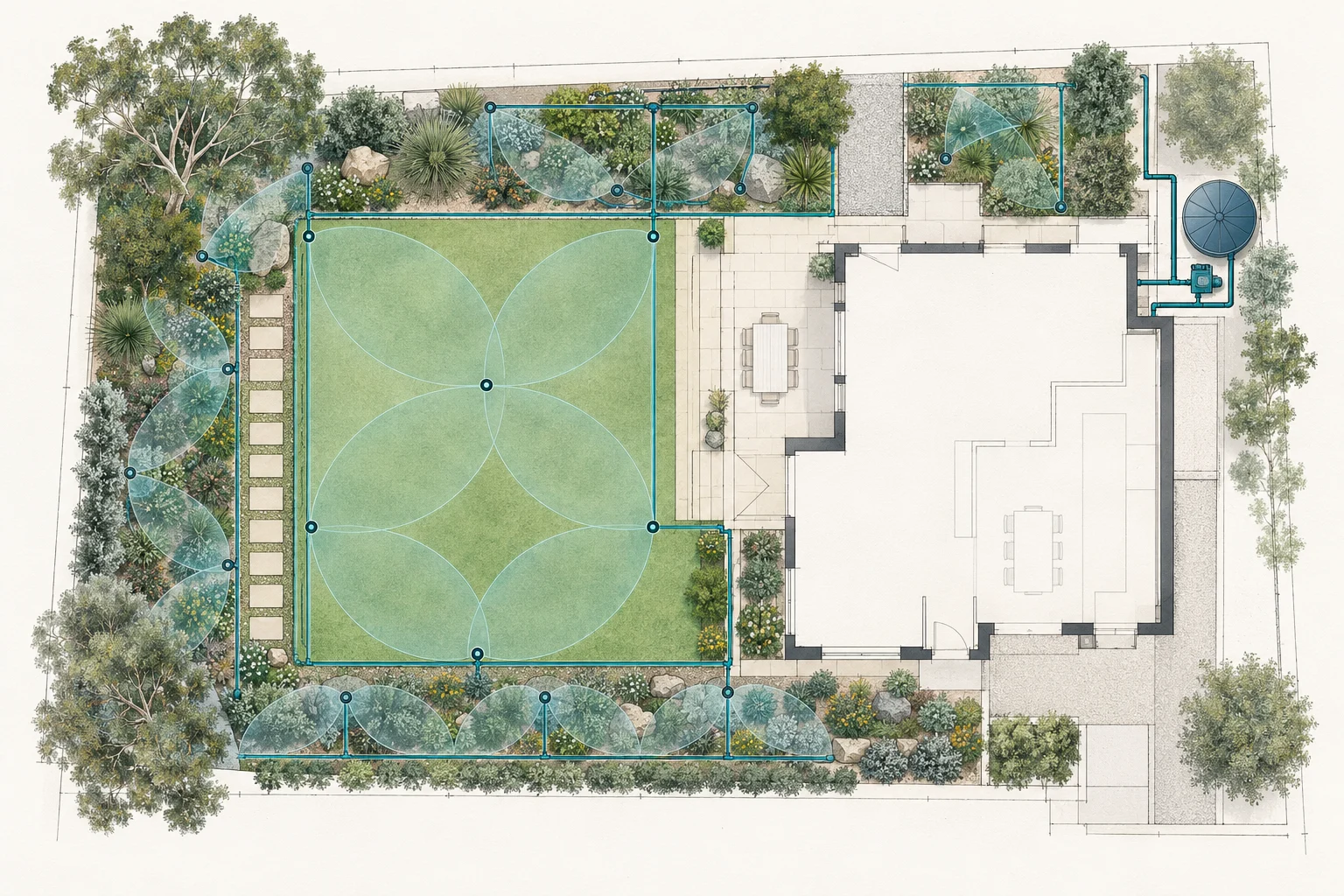 Illustrative overhead garden plan with planting beds, lawn, irrigation lines, sprinkler coverage arcs and a pump beside a water tank.