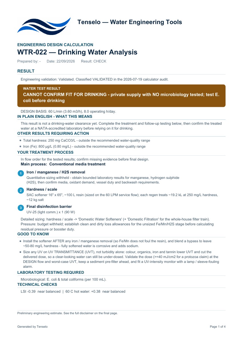 First page of the WTR-022 sample report, showing the drinking-water warning, treatment sequence and missing-test checks.